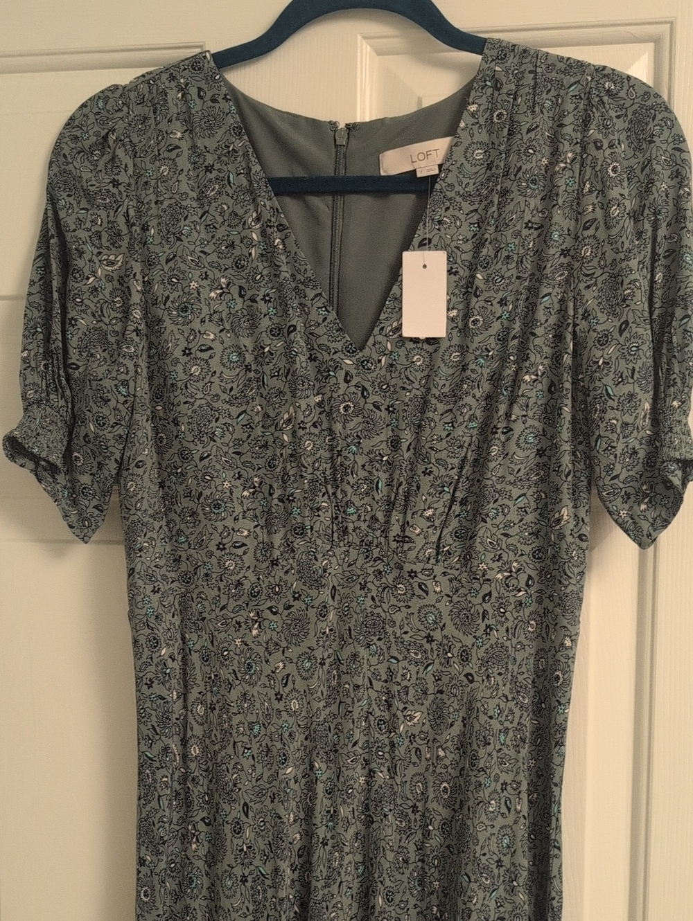 LOFT Teal Floral Midi Dress with V-Neck - Picture 4 of 5